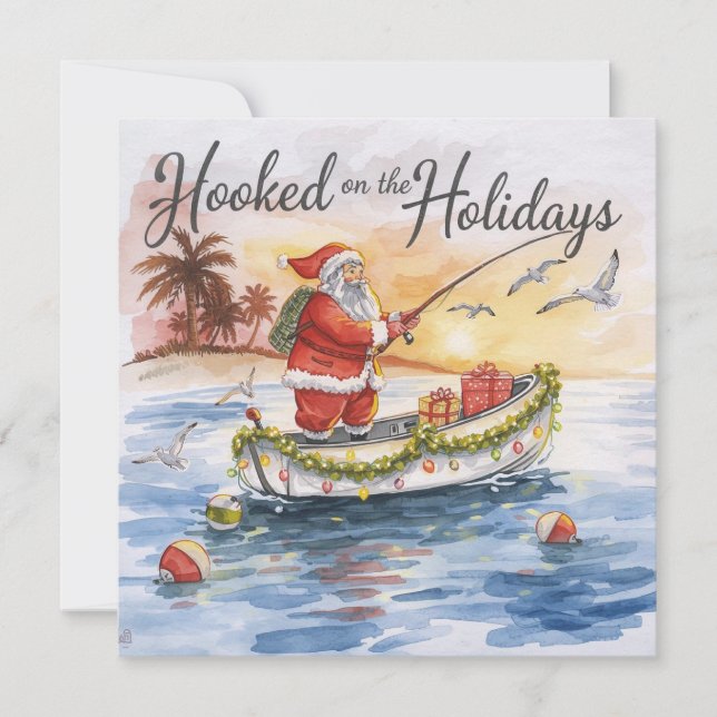 Fishing “Hooked on the Holidays” with Santa Claus Holiday Card (Front)