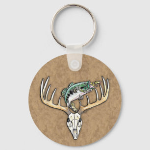 Fishing Hunting Bass Jumping Deer Skull Antlers Key Ring
