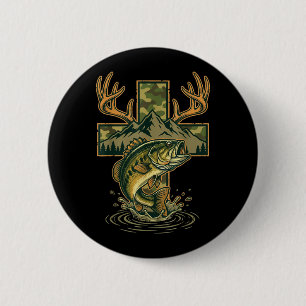 Fishing Hunting Christian Cross Mountain Jesus 6 Cm Round Badge