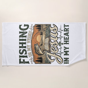 Fishing In My Veins Jesus In My Heart Vintage Beach Towel