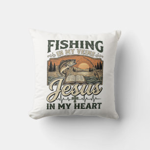 Fishing In My Veins Jesus In My Heart Vintage Cushion
