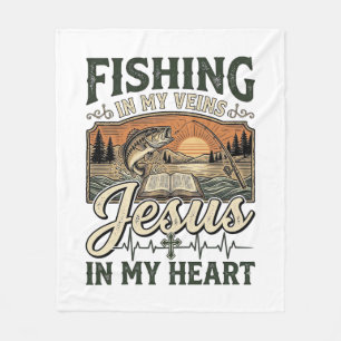 Fishing In My Veins Jesus In My Heart Vintage Fleece Blanket