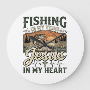 Fishing In My Veins Jesus In My Heart Vintage Large Clock