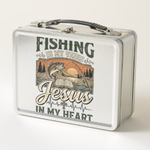 Fishing In My Veins Jesus In My Heart Vintage Metal Lunch Box