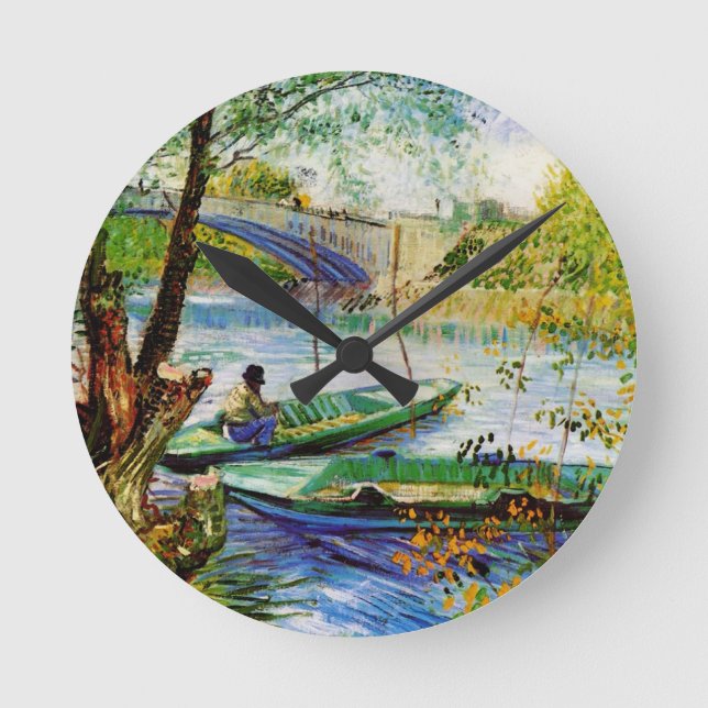 Fishing in Spring, Vincent van Gogh. Beautiful fis Round Clock (Front)