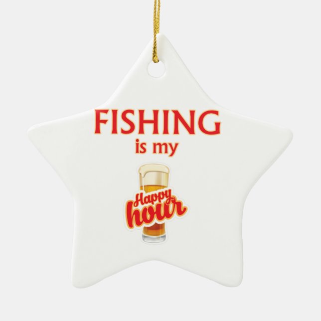 Fishing Is My Happy Hour Ceramic Tree Decoration (Front)