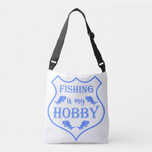Fishing is my hobby shield quote on crest crossbody bag