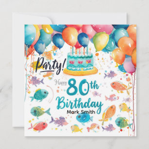 Fishing Lover 80th Birthday Watercolor  Invitation