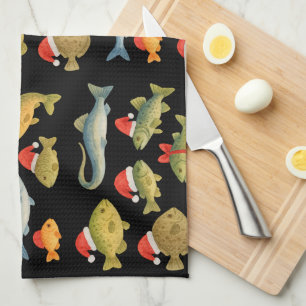 Fishing Lover Christmas Themed with Santa Hat Tea Towel