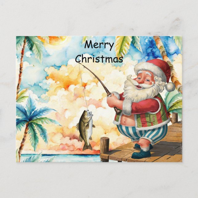 Fishing Lover Santa is Fishing Christmas in July Holiday Postcard (Front)