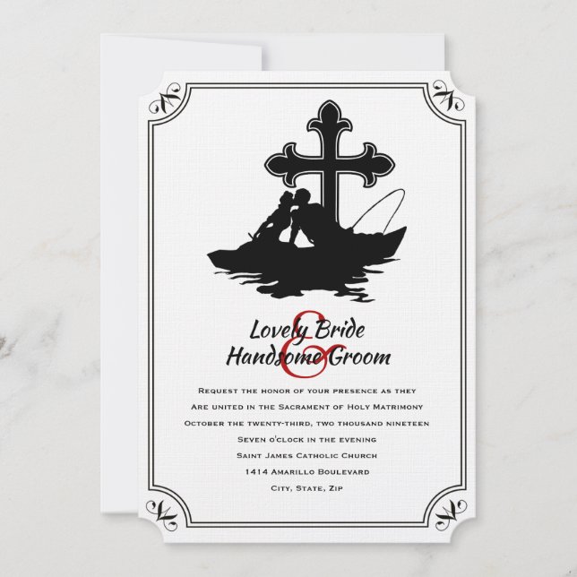 Fishing Lovers Catholic Cross Wedding Invitation (Front)