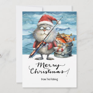 Fishing Lovers Christmas Holiday with Santa Cat Card