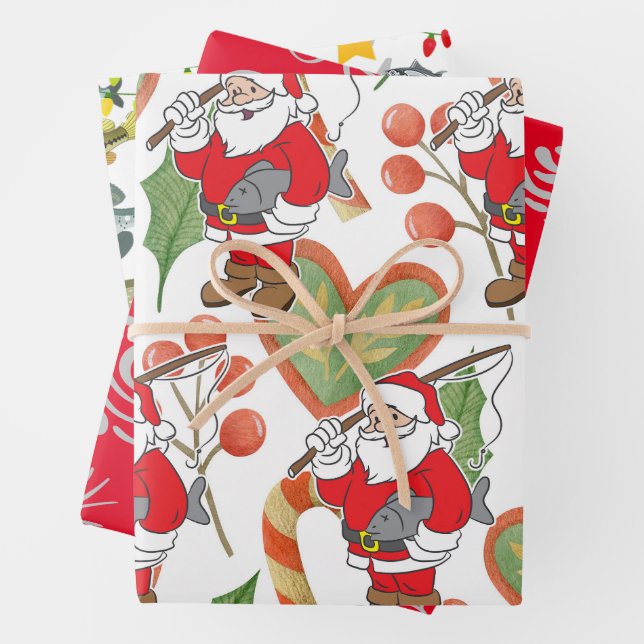 Fishing Lovers Christmas with Santa Claus Wrapping Paper Sheet (In situ)