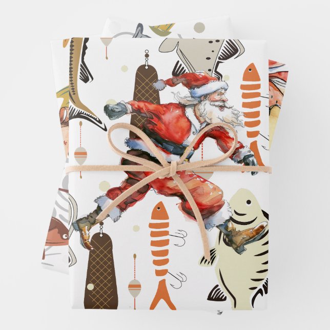 Fishing Lovers Christmas with Santa Claus Wrapping Paper Sheet (In situ)