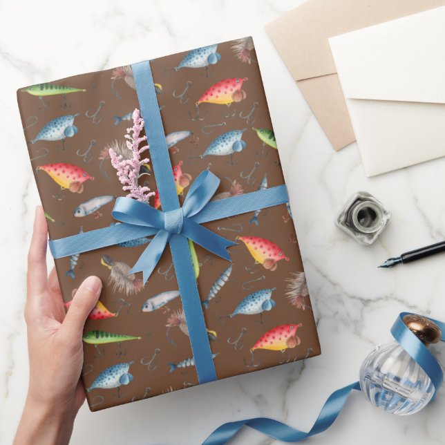 Fishing Lures on Dark Brown Wrapping Paper (Gifting)