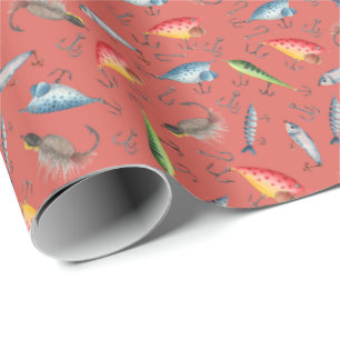 Fishing Lures on Dark Coral Pink Wrapping Paper