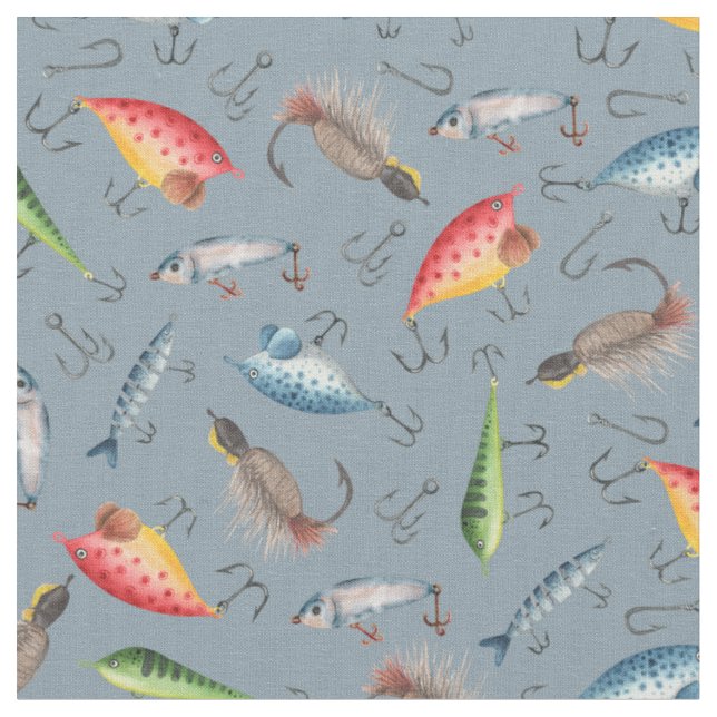 Fishing Lures on Grey-Blue Fabric (Close Up)