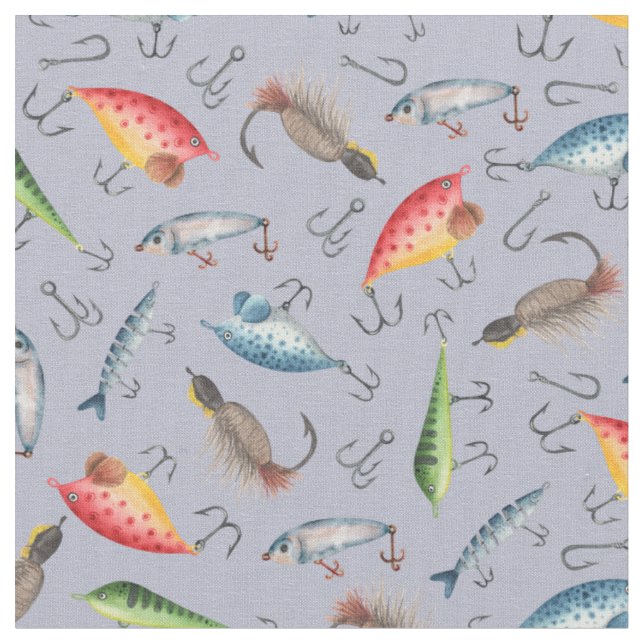 Fishing Lures on Grey Fabric (Close Up)