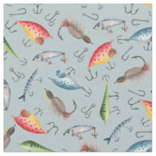 Fishing Lures on Light Blue-Grey Fabric
