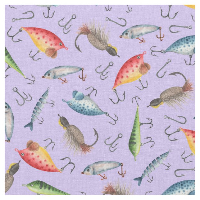Fishing Lures on Light Purple Fabric (Close Up)