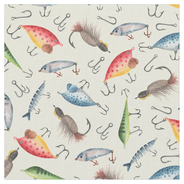 Fishing Lures on Light Yellow Fabric (Close Up)