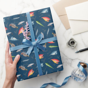 Fishing Lures on Navy Blue Wrapping Paper