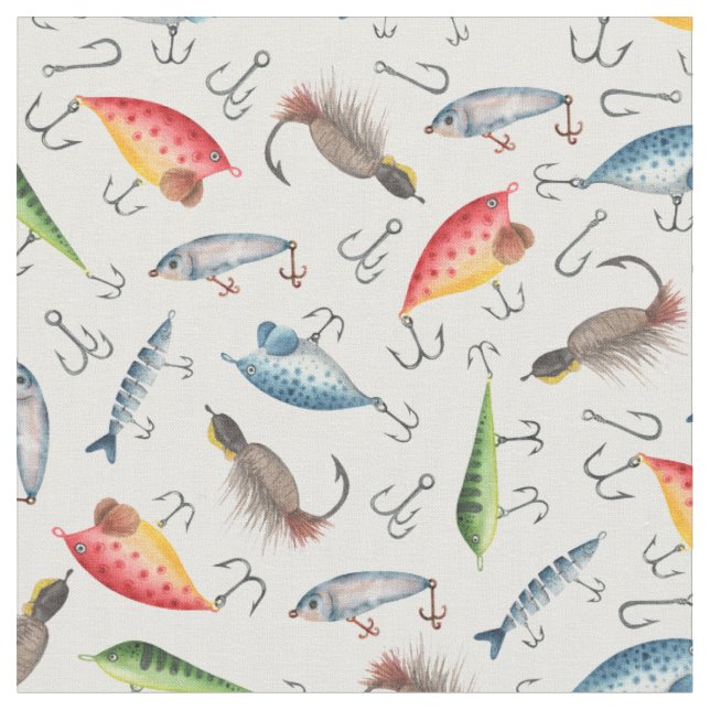 Fishing Lures on White Fabric (Close Up)