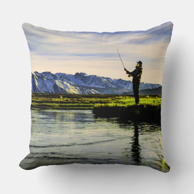 Fishing Mountain Lake Fisherman Cushion (Front)