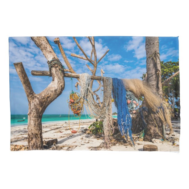 Fishing nets drying on the beach pillowcase (Front)