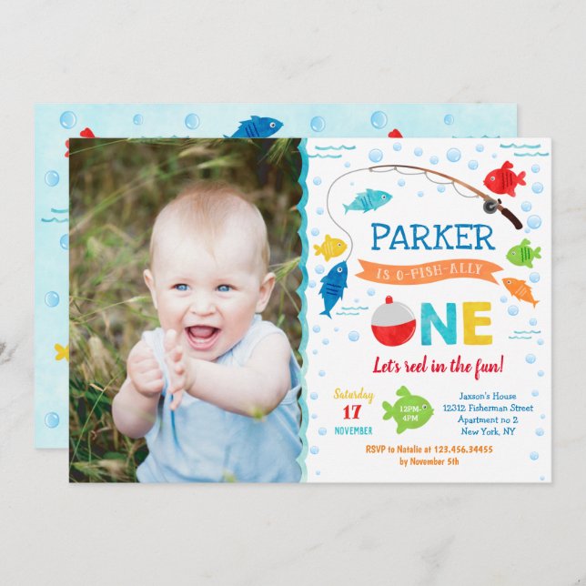 Fishing O-fish-ally ONE 1st Birthday Invitations (Front/Back)