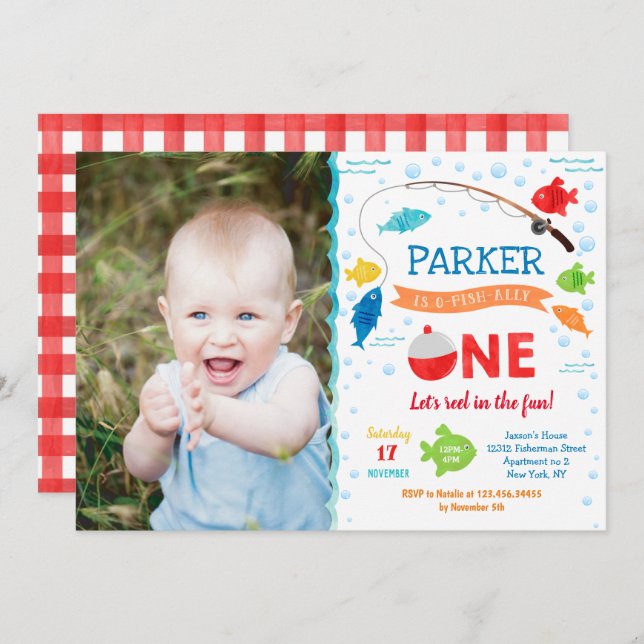 Fishing O-fish-ally ONE 1st Birthday Invitations (Front/Back)