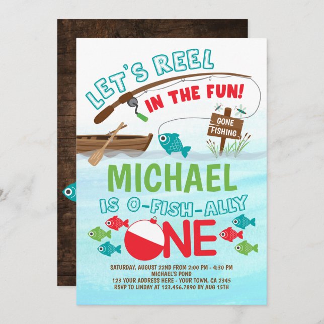 Fishing, O-Fish-ally ONE Birthday Invitation (Front/Back)