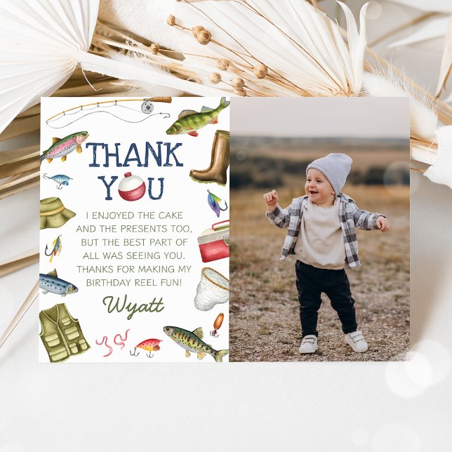Fishing O-Fish-Ally One Boy Birthday Photo Thank You Card (Creator Uploaded)