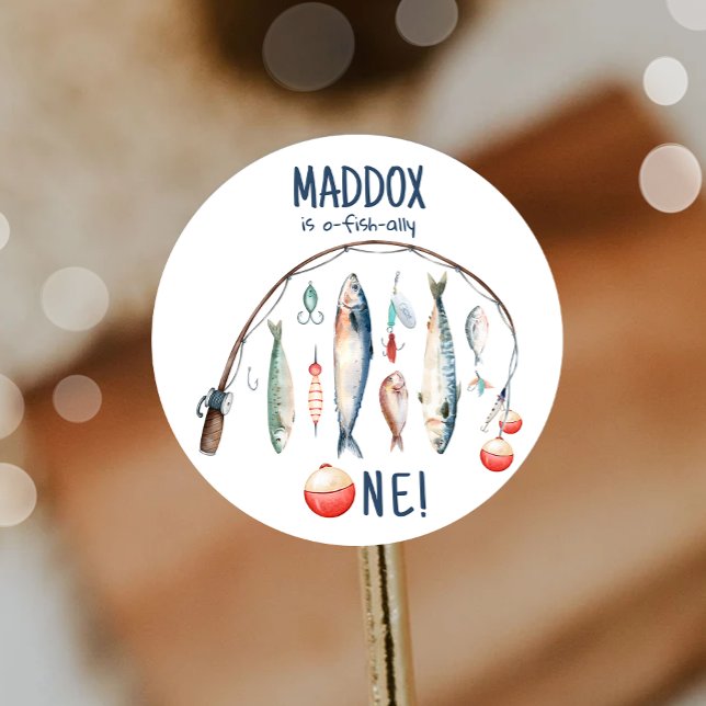 Fishing O-Fish-Ally The Big One Blue Boy Birthday  Classic Round Sticker (Creator Uploaded)