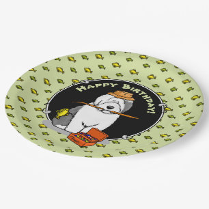 Fishing Old English Sheepdog (Grey 1) Cute Funny Paper Plate