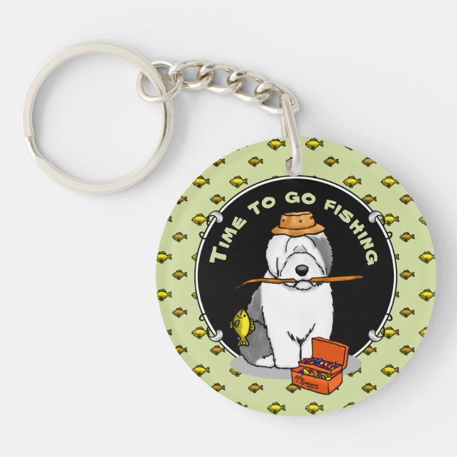 Fishing Old English Sheepdog (Grey 1) Cute OES Key Ring (Front)