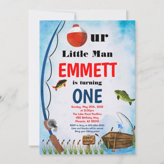 Fishing Outdoor Fish Summer Any Age First Birthday Invitation (Front)