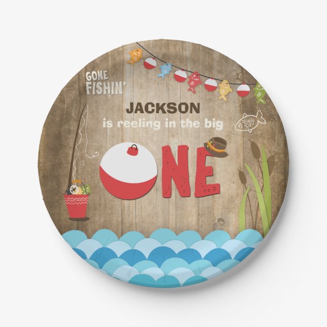 Fishing Paper Plates Boy Birthday Big one Reeling (Front)