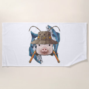 Fishing Pig Outdoor Fisherman Farm Animal Cute Fly Beach Towel