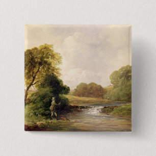 Fishing: Playing a Fish (oil on canvas) 15 Cm Square Badge