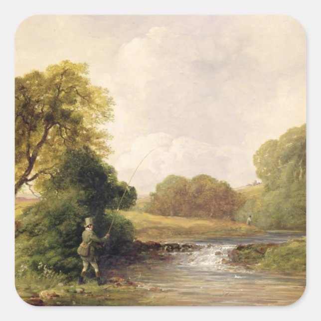 Fishing: Playing a Fish (oil on canvas) Square Sticker (Front)