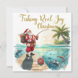 Fishing Reel Joy Christmas with Santa Holiday Card