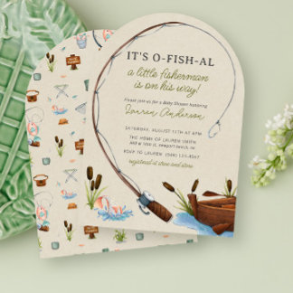 Fishing Reel Watercolor Boy Baby Shower Invitation