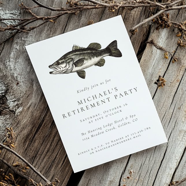 Fishing Retirement Elegant Rustic Bass Fish Party Invitation (Creator Uploaded)