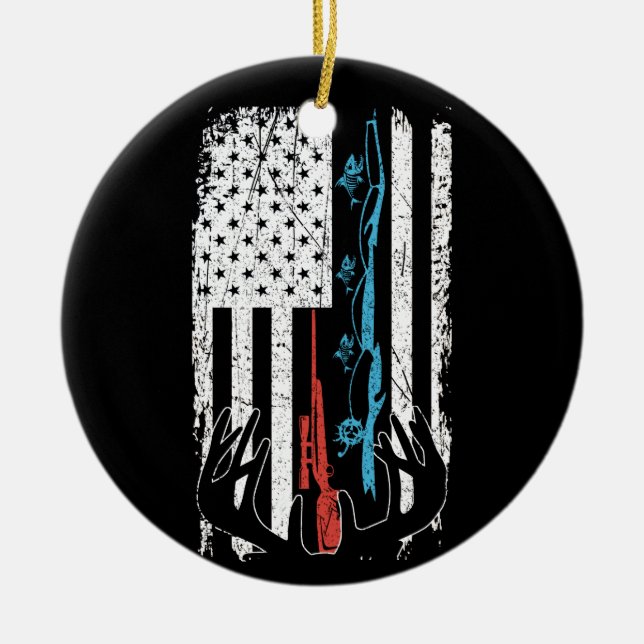 Fishing Rod Hunting Deer American Flag Ceramic Tree Decoration (Front)