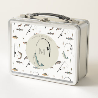 Fishing Rod & Reel Fish Theme Fisherman Monogram Metal Lunch Box