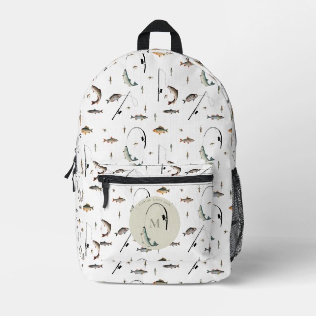 Fishing Rod & Reel Fish Theme Fisherman Monogram Printed Backpack (Front)
