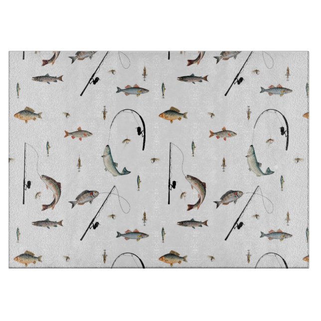 Fishing Rod & Reel Fish Theme Pattern Cutting Board (Front)