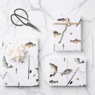 Fishing Rod & Reel Fish Theme Pattern Wrapping Paper Sheet