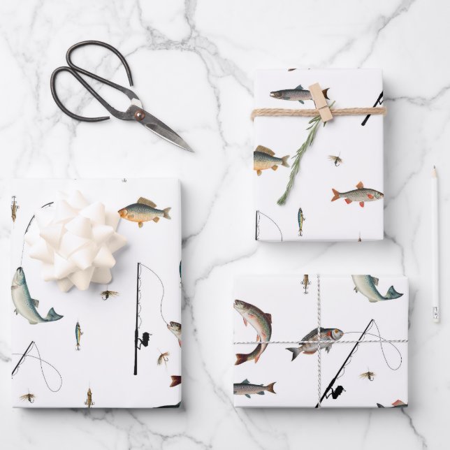 Fishing Rod & Reel Fish Theme Pattern Wrapping Paper Sheet (Front)